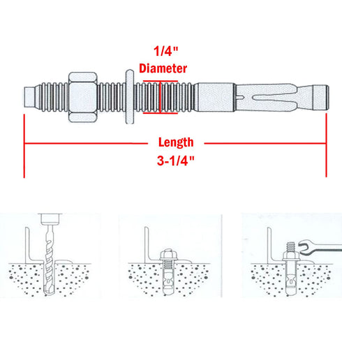 1/4" X 3-1/4" Concrete Anchor, 304 Stainless Wedge Anchor with Excellent Anti-Rust Performance, 304(18-8) Stainless Steel Concrete Anchors and Scr...