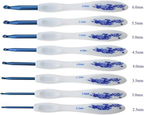 Coopay 8pcs Crochet Hook, Blue & White Porcelain Pattern Ergonomic Handle Crochet Needles for Crocheting, Anti-Slip Design and Premium Material, I...