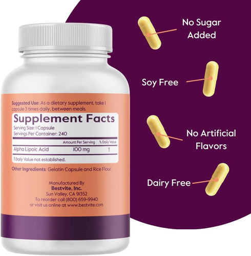 BESTVITE Alpha Lipoic Acid 100mg (240 Capsules) - No Stearates - No Flow Agents - Non GMO - Gluten Free...