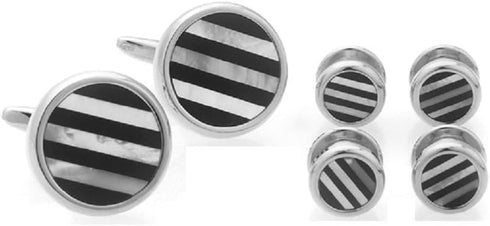 Mother of Pearl & Onyx Striped Tuxedo Cufflinks & Studs Set in a Presentation Gift Box & Polishing Cloth...