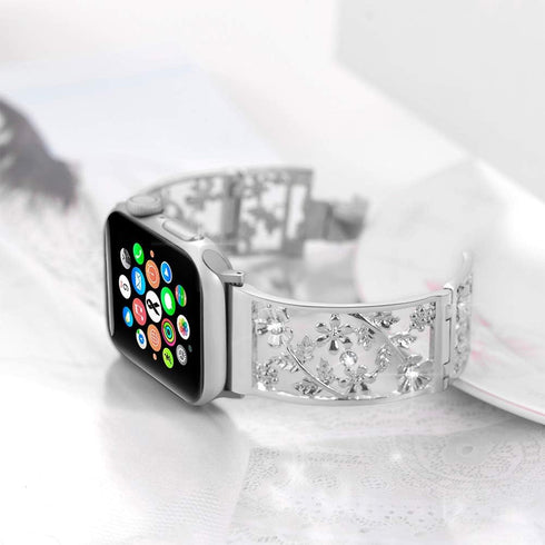 Floral Band Compatible with Apple Watch Jewelry Band 38mm 40mm 41mm 42mm iWatch Bands Series 10 9 8 7 SE,Bling Crystal Bracelet Hollow Metal Strap...