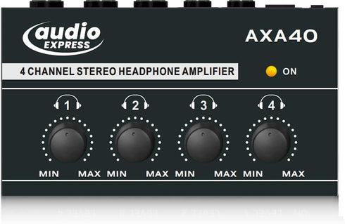 AXA40 Mini 4 Channel Combination 1/4" and 3.5mm TRS Stereo Headphone Amplifier w/Two 3.5mm and Two ¼” TRS Stereo Outputs Includes 12V Power Supply...