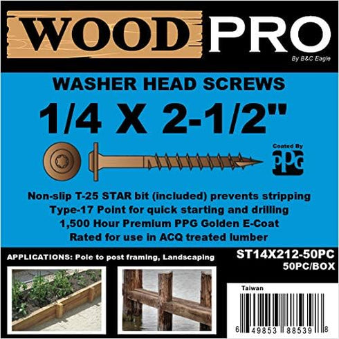 ST14X212-50PC 1/4-Inch by 2-1/2-Inch Length Round Washer Head Exterior Wood Screws, 50-Pack...