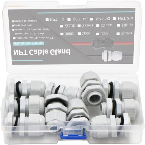 3/8 Cable Glands White PA66 Connector IP68 Waterproof Adjustable Cord Grip Strain Relief Connectors Protectors White 10PCS With Plastic Box...