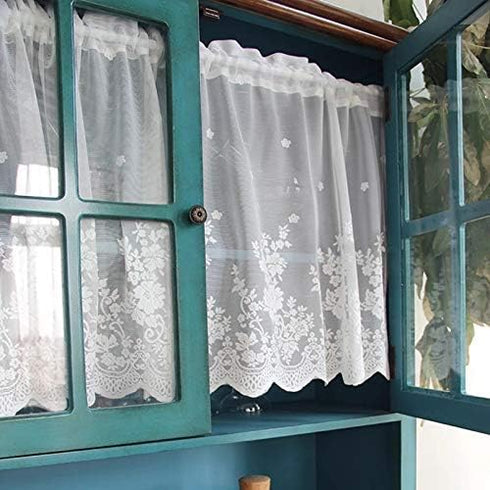 Molaxhome White Lace Valances for Windows 51x16inch, Lace Floral Embroidered Semi Sheer Curtain for Kitchen Cafe Dinning Bath Room 1 Pcs (White)...