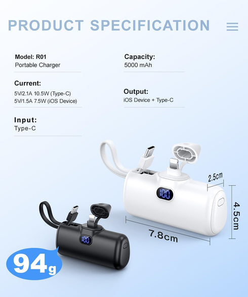Portable Charger, Mini Power Bank, 5000mAh Phone Charger, Compact Battery Pack for iPhone&Android, USB C Cable, LCD Display, Battery Bank Compatib...