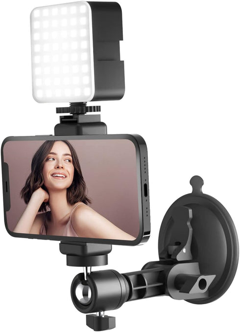 Suction Cup Mirror Phone Holder with Light, Travel Wall Phone Camera Mount for Makeup Content Creator Essentials, Mirror Tripod for Bathroom Kitch...