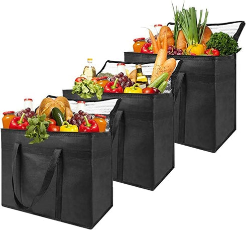 XXL Insulated Cooler Bag and Food Warmer for Delivery & Grocery Shopping with Zippered Top, Black (1 pack)...