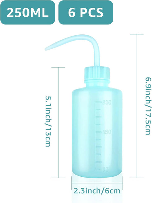 6 Pcs 250 ml/8 oz Tattoo Wash Bottle, Water Squirt Bottle Lab Squeeze Bottles, Lash Water Bottle Squeezer with Narrow Mouth Scale Labels for Medic...