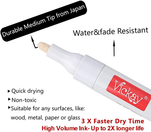 Vickay Paint Pens Marker White for Rock, Stone, Ceramic, Metal, Glass, Wood, Set of 6 Medium Tip Paint Markers High Volume Ink Water Resistant for...