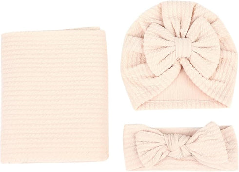 Newborn Swaddle Blanket Headband Hat Set Baby Girl Print Receiving Blanket New Born Hospital Outfit Infant Shower Gift 0-3 Months (Waffle -Beige)...