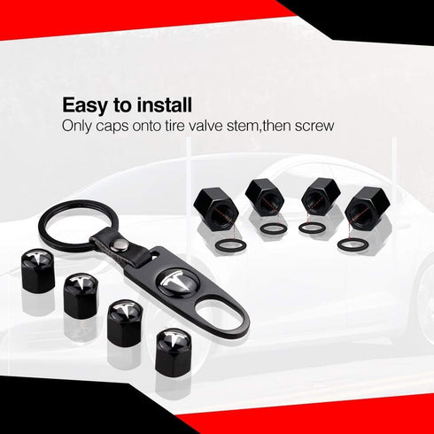 Universal Car Wheel Tire Stem Air Cap Cover, Valves Anti-Theft Aluminum Alloy Guard with Wrench Keychain Compatible with Tesla Model X S 3 Y...