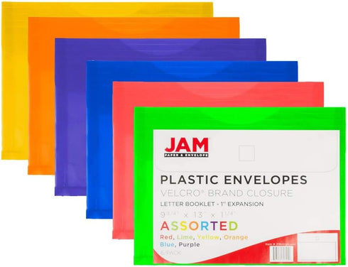 JAM PAPER Plastic Expansion Envelopes with Hook & Loop Closure - Letter Booklet - 9 3/4 x 13 with 1 Inch Expansion - Assorted Colors - 6/Pack...