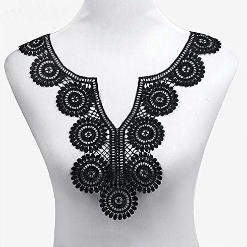 1pc Embroidery Round Sexy V Lace Neckline Fabric, DIY Collar Lace Fabrics for Sewing Supplies Crafts (Black)...