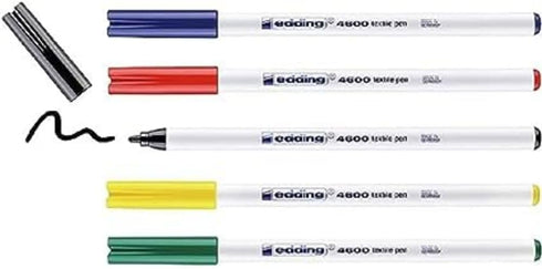 edding 4600 textile pen - black, red, blue, green, yellow - set of 5 - round nib 1 mm - permanent fabric pens for drawing on textiles, wash-resist...