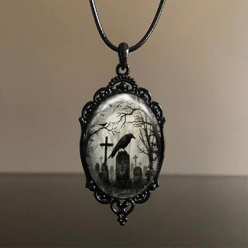 Raven Cross Glass Pendant, Vintage Gothic Cameo Necklace, Mystic Witch Jewelry Gift...