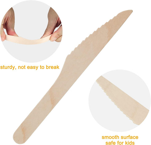 100 Pack Disposable Knives - 6.5 Inch Length Wooden Cutlery - Biodegradable Silverware For Catering Formal Events, Parties, BBQ, Picnic, Camping, ...