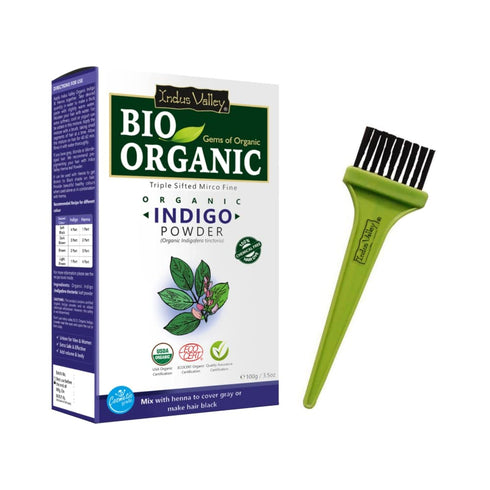 INDUS VALLEY BIO Organic Indigo Powder (Indigofera Tinctoria) with Color Recipe Book and an Applicator Brush Kit (100g) - Black...