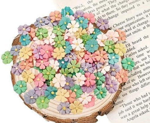 HukDok Mini Flowers with Thread Stem Mulberry Paper Flower Embellishment Card Craft Supplies Scrapbooking DIY Card Crafts Projects. (Pastel Tones)...