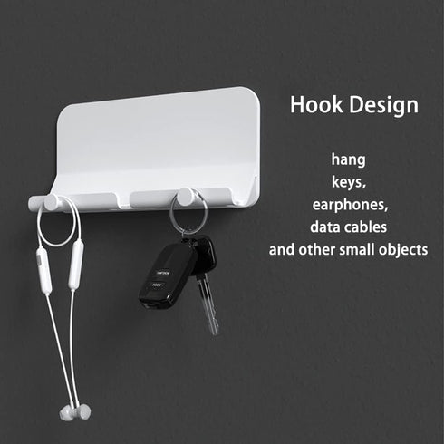 2 Pack Wall Mount Phone Holder Self-adhesive Type with Non-slip Design, Key Holder and Charging Holes for Bathroom, Living Room, Bed Room, Kitchen...