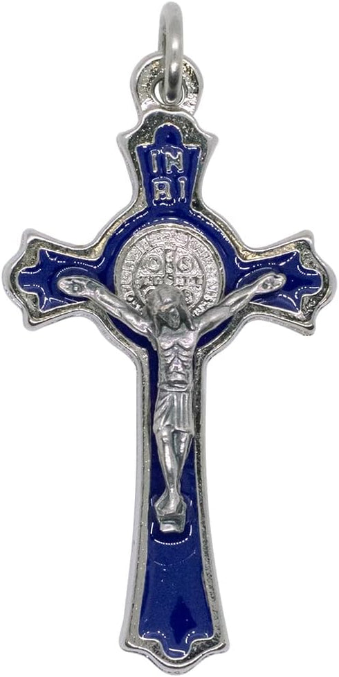 hand made St Benedict Cross Medal Crucifix 3" Tall Silver Plated with Blue Enamel...