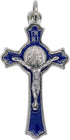 hand made St Benedict Cross Medal Crucifix 3" Tall Silver Plated with Blue Enamel...