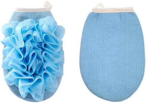 Bath Shower Pouf Sponge 2 in 1 Exfoliating Mesh Pouf Sponge Loofah Bath Glove with Elastic Hand Strap for Women Men Kid Bathroom (Blue)...