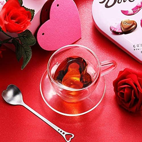 Patelai Heart Shaped Double Walled Glass Insulated Coffee Mug Clear Tea Cup 180 Ml, 6 oz Cappuccino Cup with Saucer and Heart Shaped Coffee Spoons...