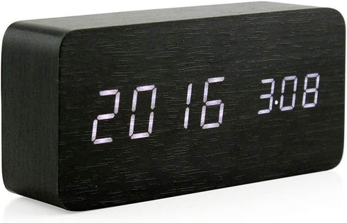 OCT17 Wooden Digital Alarm Clock, Multi-Function Smart Alarm Clock, LED Light Alarm Clock with USB Power Supply, Voice Control, Thermometer - Blac...