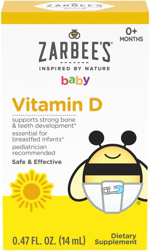 Zarbee's Vitamin D Drops for Infants, 400IU (10mcg) Baby & Toddler Liquid Supplement, Newborn & Up, Dropper Syringe Included, 0.47 Fl Oz...