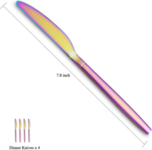 HOMQUEN Rainbow Dinner Knives 4 Pieces, Sturdy 9" Stainless Steel Modern Design Knife, Colorful Titanium Plating Knifes Set With Round Edge Dishwa...