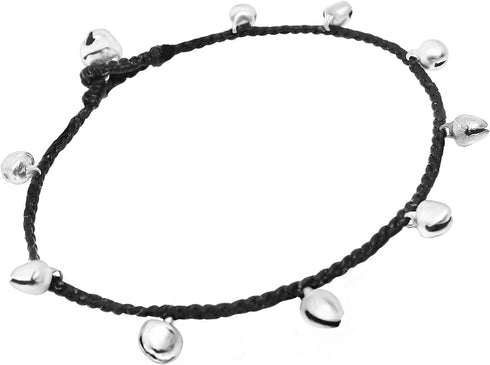 Handmade Silver-Tone Tiny Bells Black Cord Station Anklet Bracelet 10 Inches (AkSP12)...