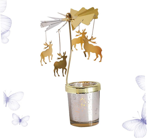 Rotating Candlestick Holder Christmas Carousel Spinning Deer Tea Light Holder Table Decoration (Gold)...