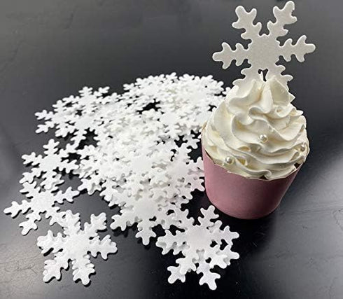 48pcs Edible Christmas Snowflakes White Cupcake Cake Toppers Decoration with Plastic Box Package for Chirstmas Winter Frozen Theme Party...
