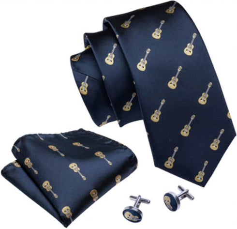 Mens Acoustic Guitar Dress Set including Necktie, Pocket Square/Handkerchief, and Cufflinks Guitarist Band | Navy Blue | Neck Tie...