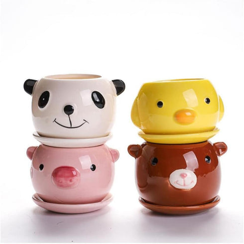 Cute Animal Shaped Ceramic Succulent Cactus Flower Pots with Tray (Plant Not Included) (Small, Duck)...