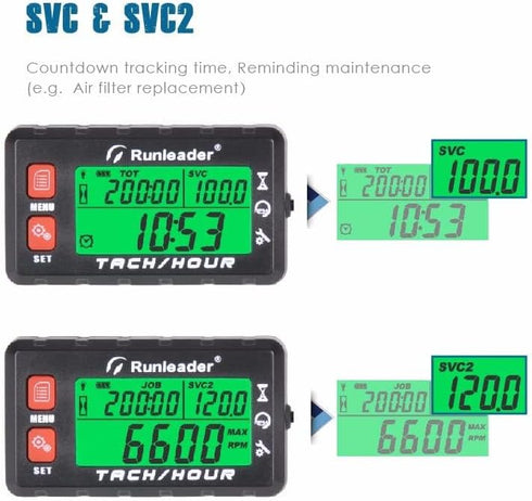 Runleader Hour Meter Tachometer, Maintenance Reminder, Alert RPM Reminder, Initial Hours Settable, Battery Replaceable, Use for Lawn Mower Generat...