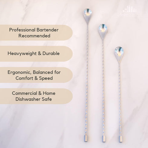 A Bar Above Bar Spoon Set, of 3, 12”, 15”, and 17”, Stainless Steel Cocktail Stirrer Bar Set, for Mixing Glass or Shaker, Spiral Handle Drink Stir...