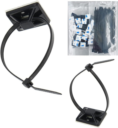 Strong Self Adhesive Wire Clips Cable Zip Tie Mounts 1" with 8 Inch Zipties Black UV Protection Outdoor 100 Pcs,Sticky Wire Fasteners Cable Guide ...
