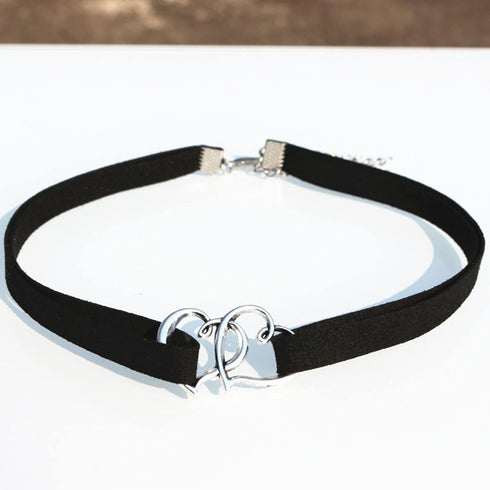 Punk Leather Choker Necklace Silver Heart Collar Chain Necklace Black Hollow Love Heart Necklace Chain Retro Velvet Choker Necklace Chain Jewelry ...