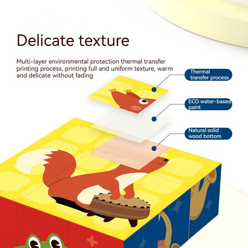 Wooden Cube Jigsaw Puzzle Animal Theme for Toddlers 1+ Years Old, 9-Piece Storytelling Design, 6 Unique Patterns, English Reference Cards, Enhance...