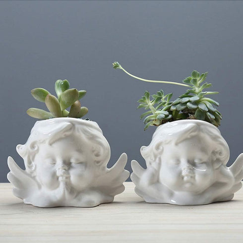 Vaguelly Cute Succulent Planter Angel Statue Head Face Planter Pot Ceramic Flower Pot Cactus Container with Drainage Hole Pens Holder for Indoor O...