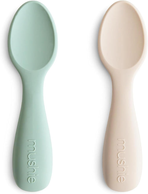 mushie Silicone Toddler Starter Spoons | 2 Pack (Cambridge Blue/Shifting Sand)...