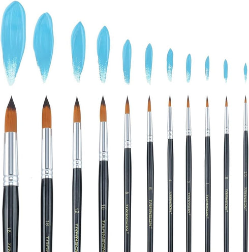 Transon 11pcs Round Paint Brush Basic Set for Watercolor, Acrylic, Gouache, Ink, and Tempera Painting...