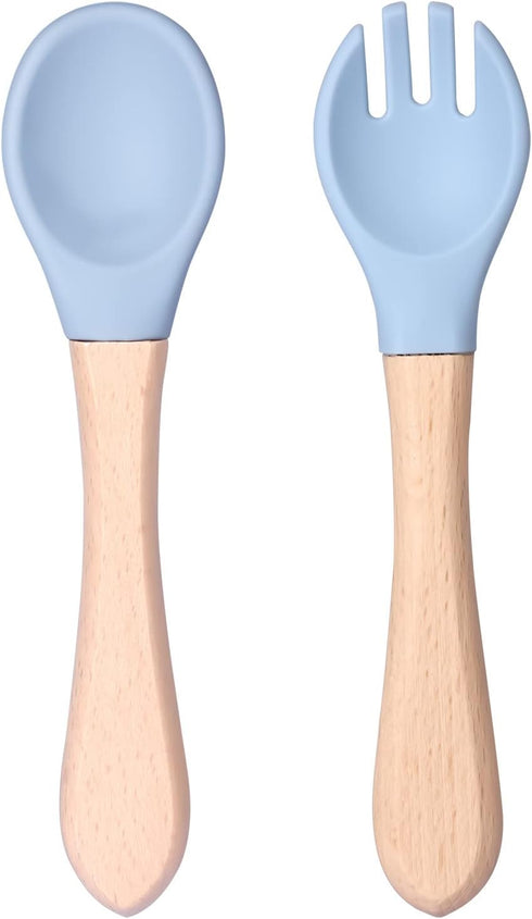 Silicone Baby Fork and Spoon Set, 1pc Silicone Fork 1pc Silicone Baby Spoon Self Feeding 6+ Months Wooden Handle Baby Led Weaning Spoon Utensils f...