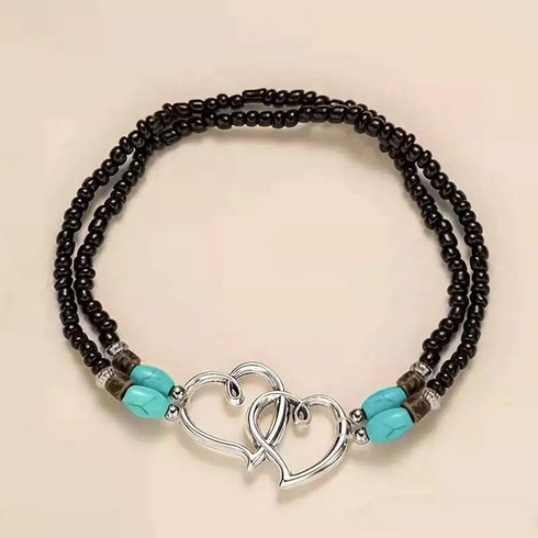 Elastic Beaded Beach Anklet Chain Double Hollow Hearts Stretch Anklet Cute Boho Foot Jewelry for Summer Beach Wedding Dance Yoga for Women...