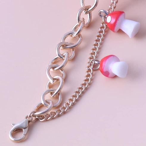 Double Layer Mushroom Bracelet Anklet Cute Red Mushroom Pendant Bracelet Dainty Adjustable Combination Strand Stretch Bracelet Anklet for Women Gi...