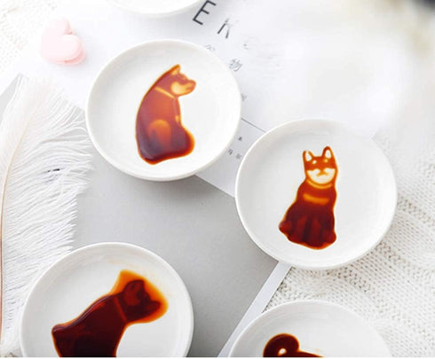 4pcs Ceramics Shiba Dog Relief Seasoning Dishes Sushi Dipping Bowl Appetizer Plate - 3.5 inches...