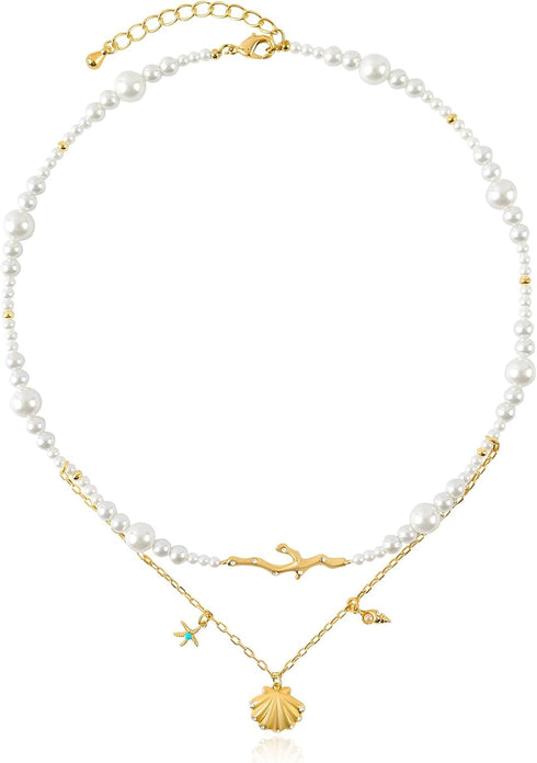 Layered Gold Shell Pendant Pearl Choker Necklace for Women with Coral and Dangle Starfish Conch Charm Necklace Adjustable 14K Gold Plated Link Cha...