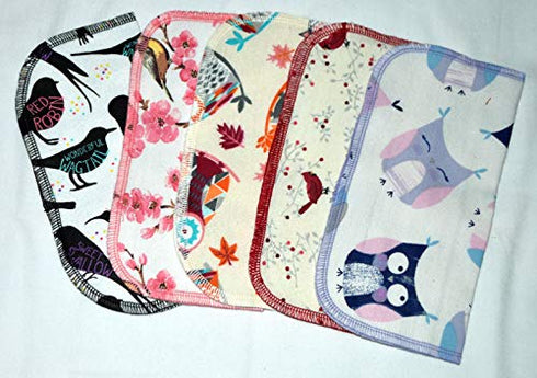 Gina's Soft Cloth Shop 1 Ply Owls & Birds Fun Flannel Washable Kids Lunchbox Napkins 8x8 inches 5 Pack - Little Wipes (R) Flannel- Proudly Made in...